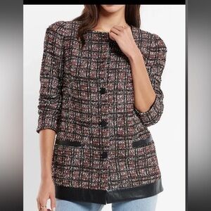 EXPRESS Plaid Metallic Tweed Burgundy Multi Blazer Coat Jacket Faux Leather Trim
